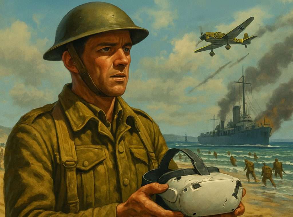 Vintage image of soldier holding a VR headset on a beach.
