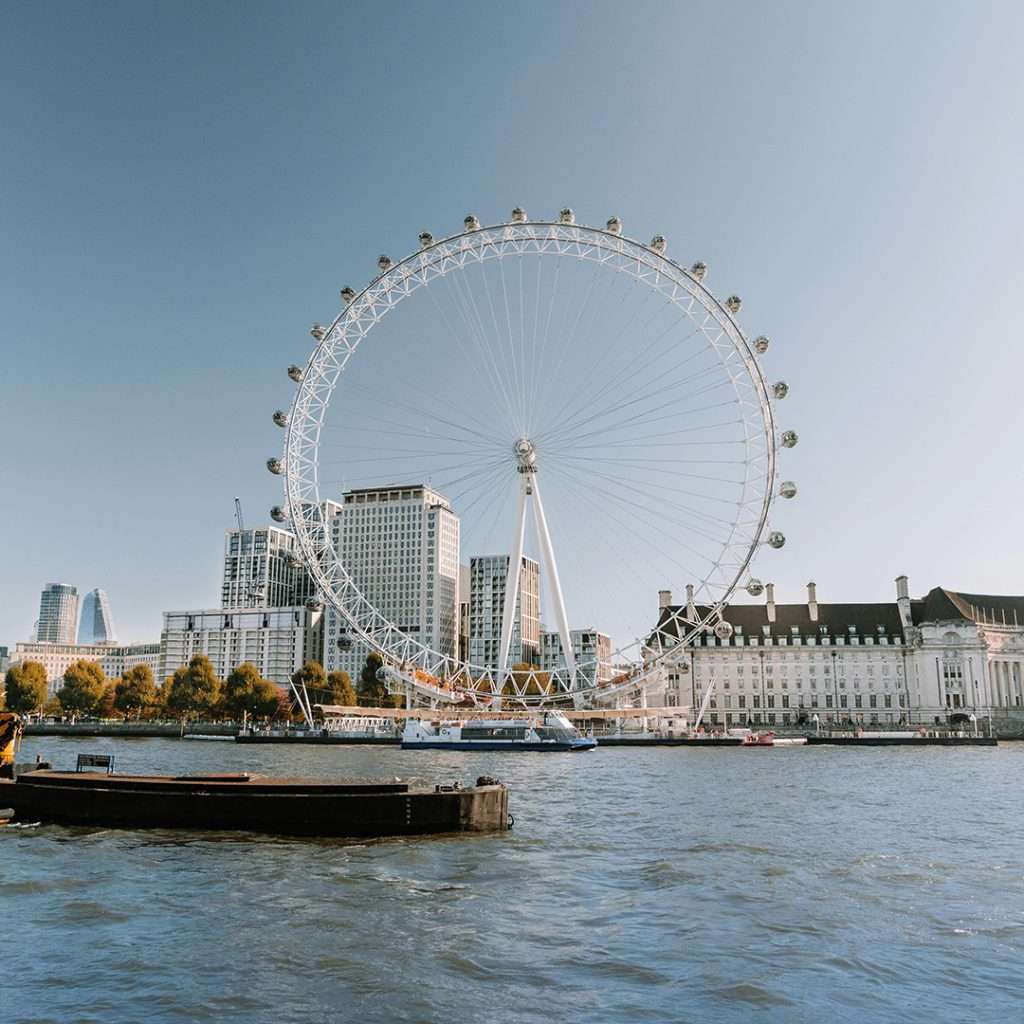 The London Eye giant Ferris wheel on the River Thames, viewed from HMS Wellington in London